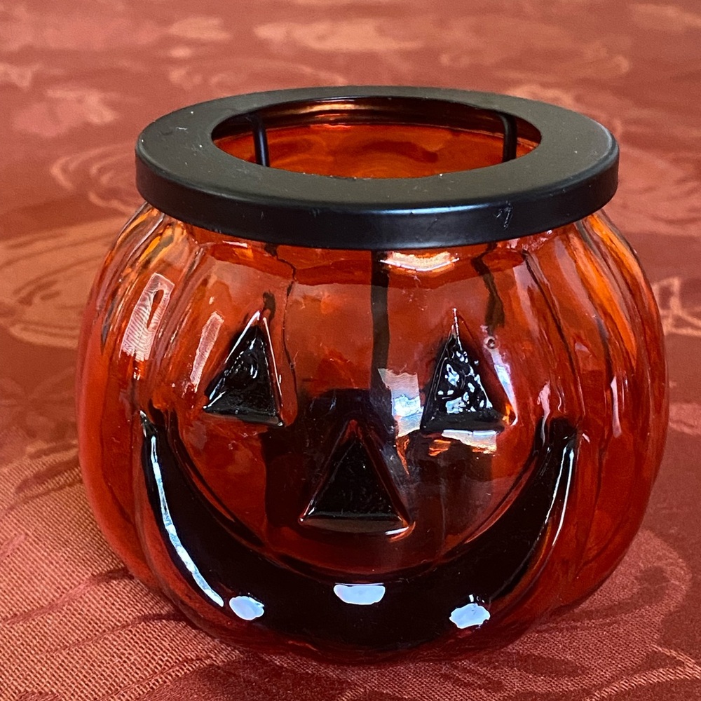 Halloween Pumpkin Jack O’Lantern  Glass Orange Tea Lite Candle Holder